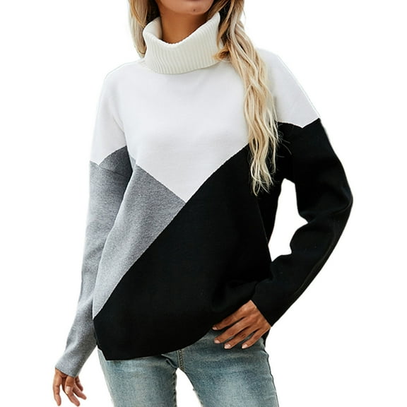 Qetyuw Womens Color Block Turtleneck Sweater Chunky Knit Long Sleeve Pullover Jumper Loose Fit Casual Sweaters