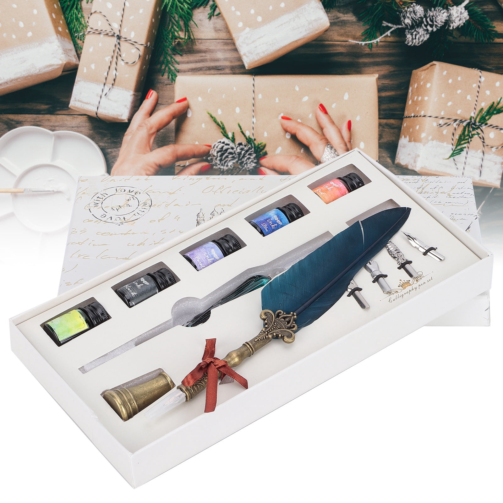 Riousery Calligraphy Pen Set Glass Ink Feather Fountain Pen with Replaceable Nibs Writing Gift Box Kit Navy