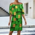 thumbnail image 2 of Modern Art Green Gold Squares Women's Off The Shoulder Ruffles Summer Wedding Guest Loose Casual Party Beach Dress, 2 of 9