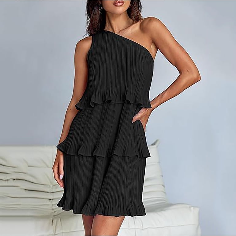 Brgzlk Women's Summer One Shoulder Dresses Asymmetric Shoulder Tiered Hem Solid Color Chiffon Pleated Flowy Slim Dress for Daily Wearing Black L, Size