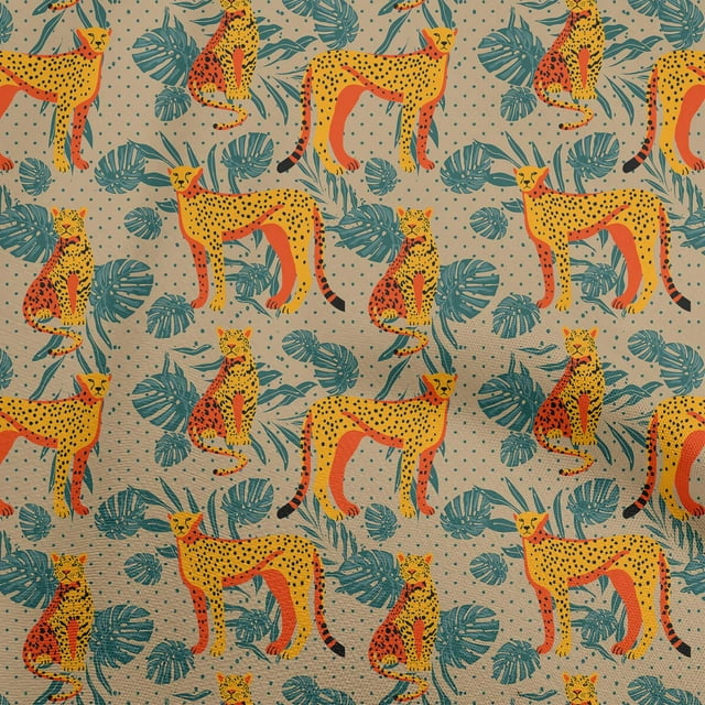 oneOone Polyester Spandex Light Brown Fabric Tropical Leaf With Animal Sewing Material Print Fabric By The Yard 56 Inch Wide