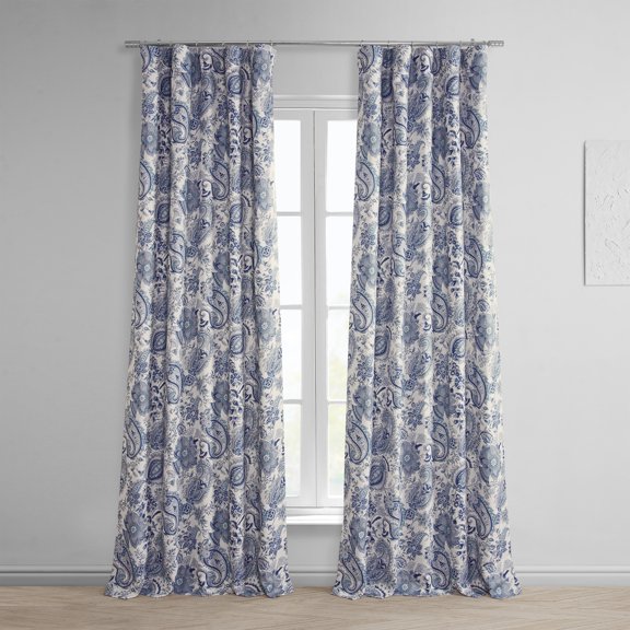 Fullbloom Blue Printed Linen Textured Blackout Curtain (1 Panel), Fullbloom Blue, 50W X 108L