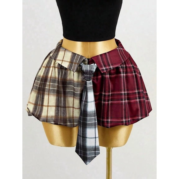 Multicolor Plaid Patchwork A-Line Flared Mini Skirt With Tie Detail