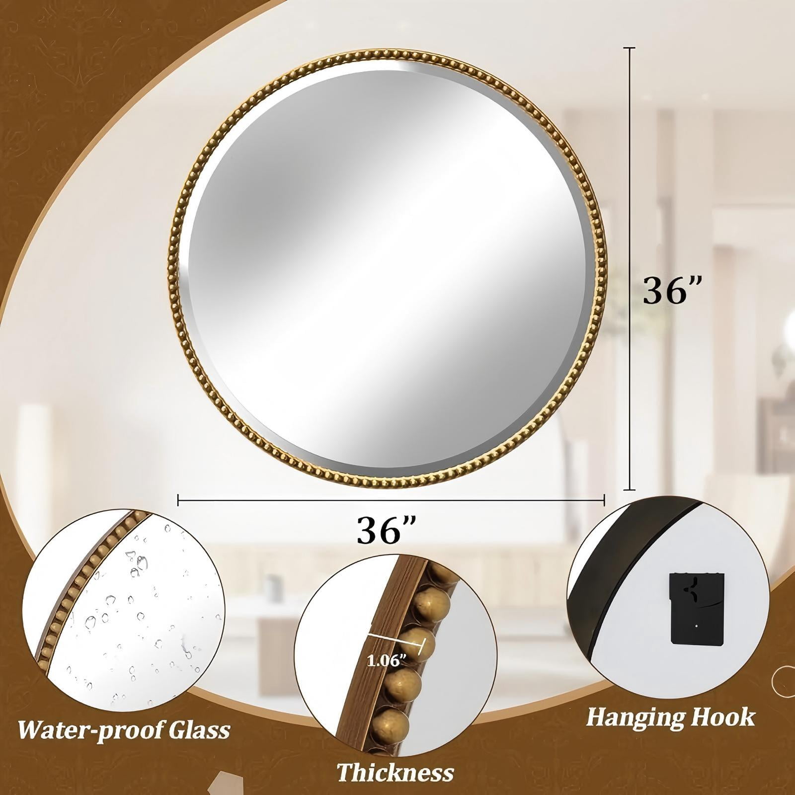 Mirrasia 36" Round Wall Mirror Decoration Hanging Mirror With Beaded Frame,Gold