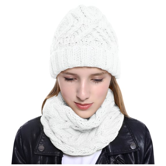 TELOLY Hat and Scarf Set for Women, Beanie for Women, Women'S Hat Knit Cap Scarves with Circle Snow Winter, Winter Hat, Winter Sets for Women, White
