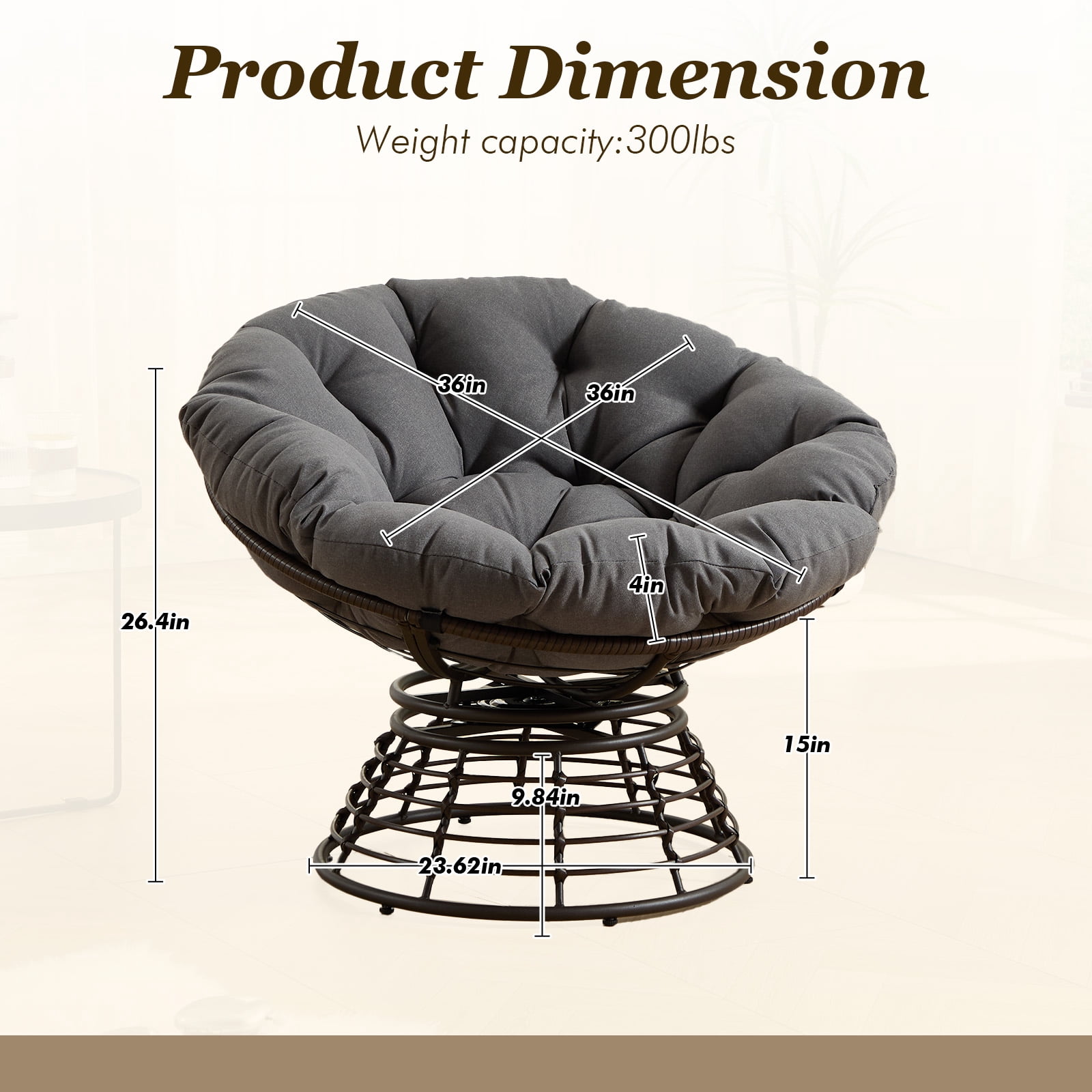 MOONMISS 360° Swivel Wicker Papasan Chair with Soft Thick Cushion for Living Room,Gray