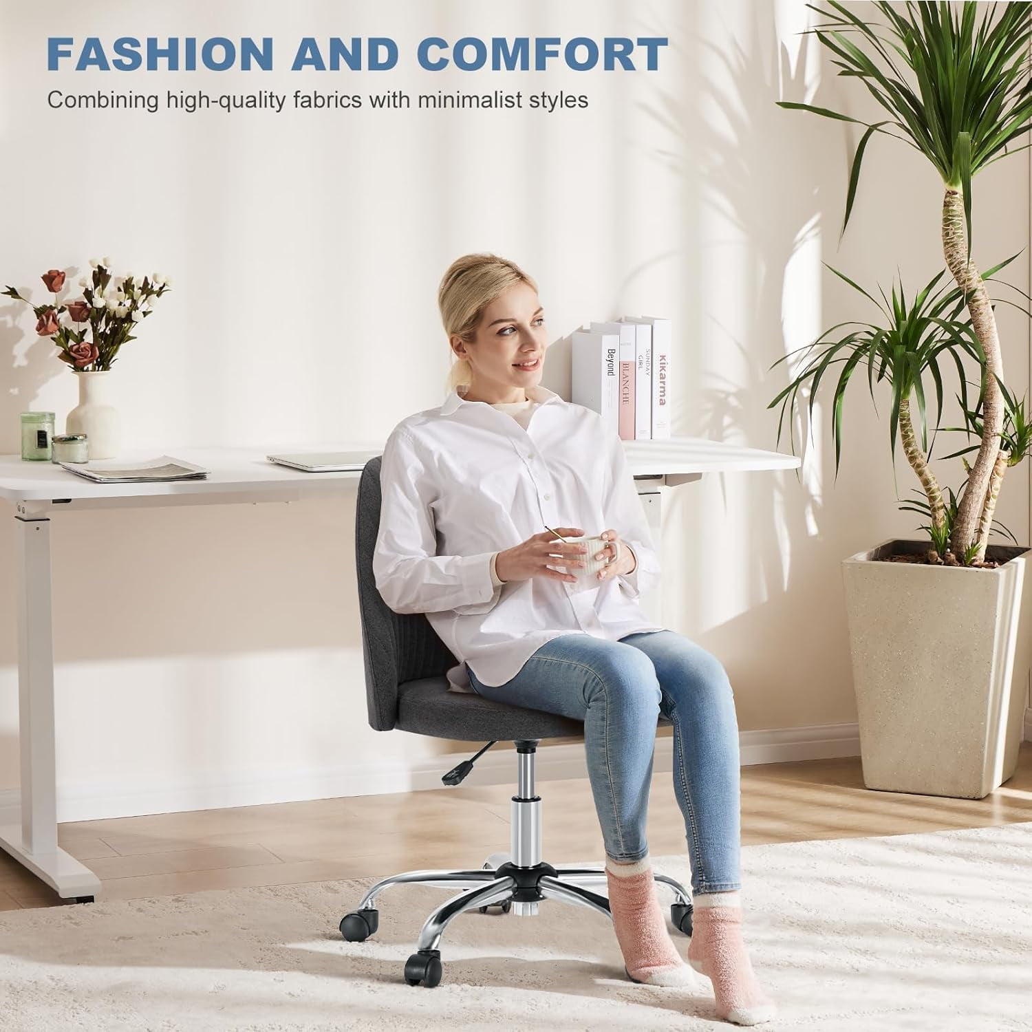 Colorful Linen Desk Chair, Comfy Thick Seat with Swivel Wheels, Armless Task Chair, Dark Gray