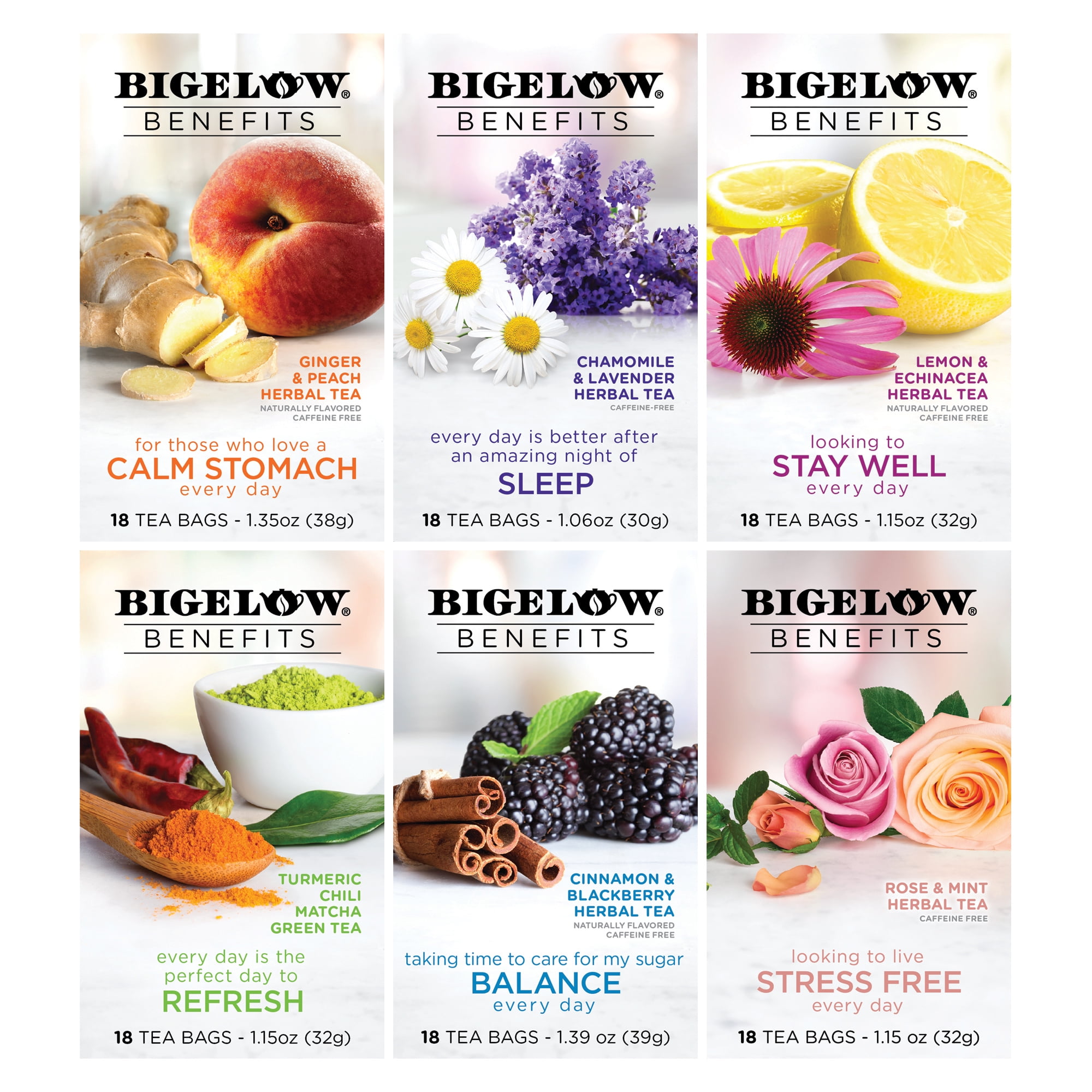 Bigelow Benefits Tea Variety Pack, Tea Bags, 18 Count (6 packs of 18