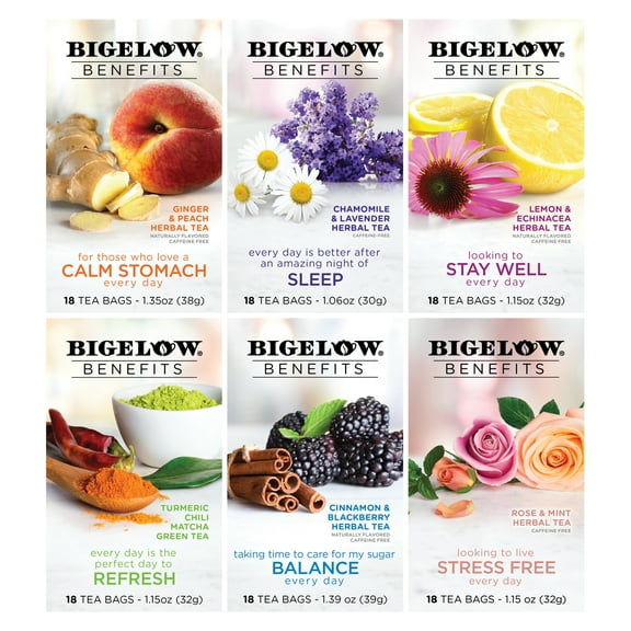 Bigelow Benefits Tea Variety Pack, Tea Bags, 108 Count (6 Packs of 18)