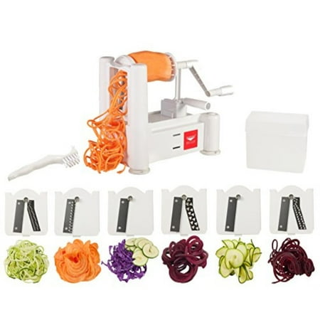 

Paderno World Cuisine 6-Blade Vegetable Slicer / Spiralizer Counter-Mounted and includes 6 Different Stainless Steel Blades