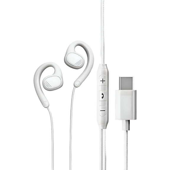 GJX Wired Headphones USB C, Open Ear Clip Design with Adjustable Hook, Noise Reducing Lightweight Earphones, Comfort Fit USB C Wired Earbuds, White