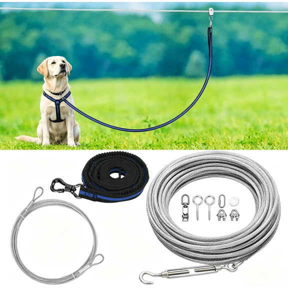 X XBEN Dog Tie Out Cable, 100ft Dog Trolley Runner Cable for Dogs up to 250lbs, Dog Lead for Yard, Camping, Outdoor, with 8 Ft Nylon Bungee Runner, Cable Sling to Protect Trees