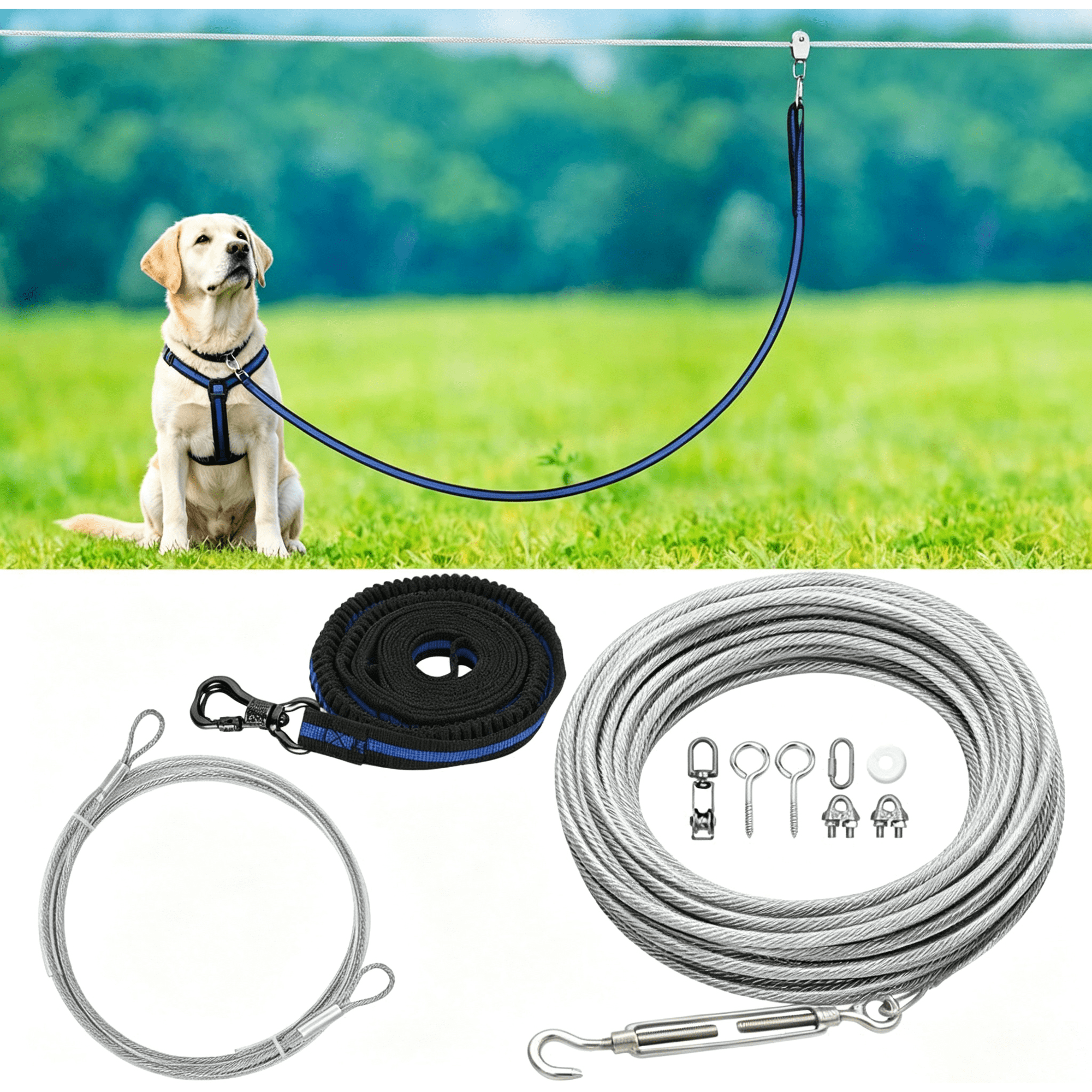 X XBEN Dog Tie Out Cable, 100ft Dog Trolley Runner Cable for Dogs up to 250lbs, Dog Lead for Yard, Camping, Outdoor, with 8 Ft Nylon Bungee Runner, Cable Sling to Protect Trees