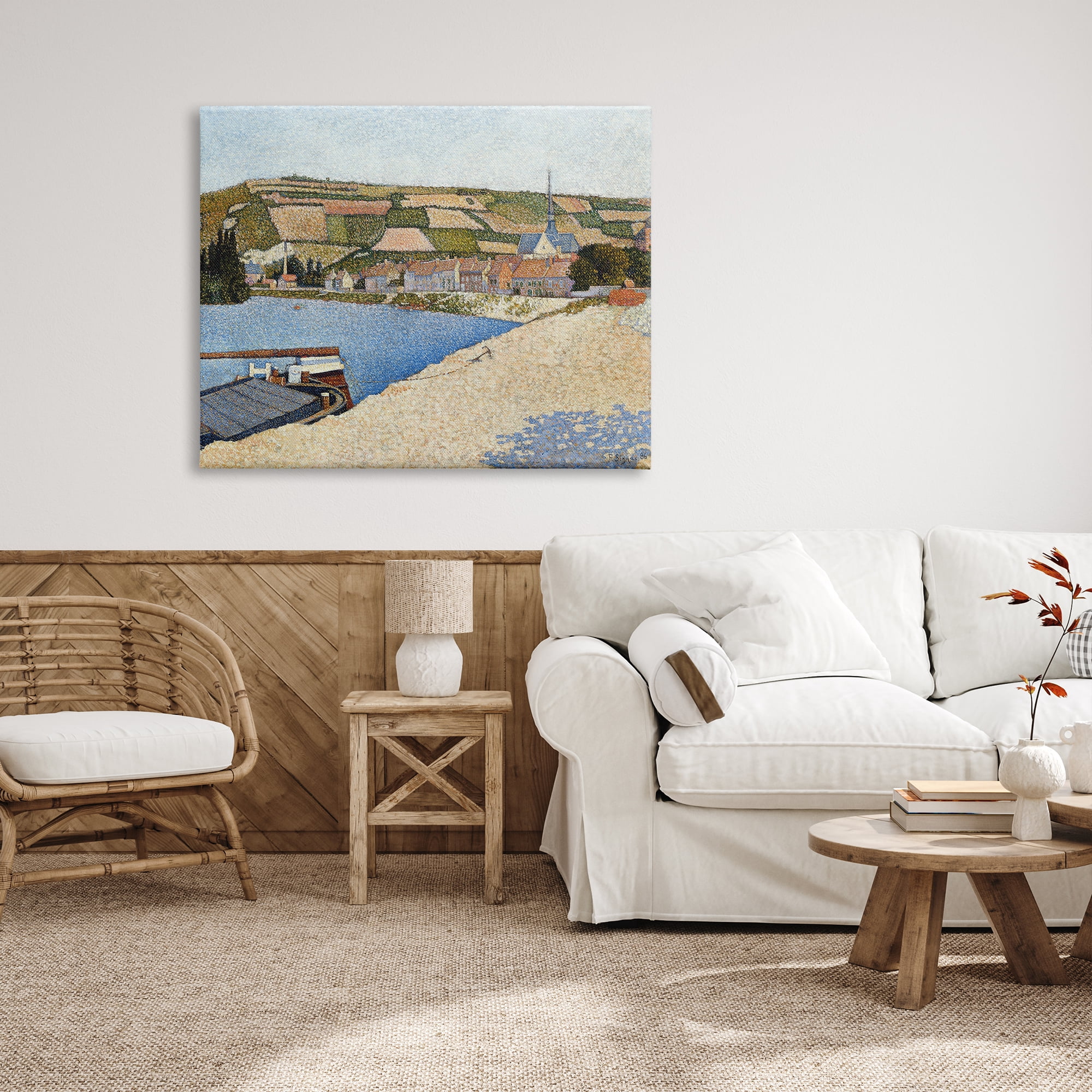 Stupell Industries Rural Waterside Town Boat Dock Distant Farmland Painting Gallery Wrapped Canvas Print Wall Art, Design by Lettered and Lined