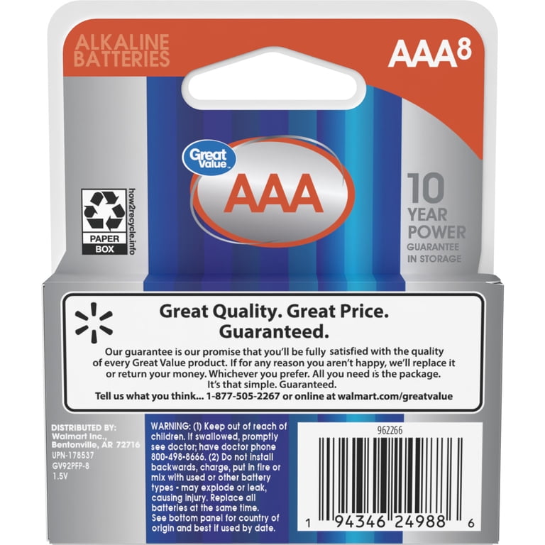 Great Value AAA Batteries, 8 Pack, Alkaline, 10-Year Storage