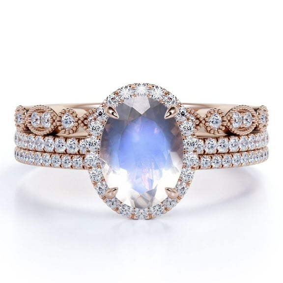 JeenMata 2 Carat Oval Rainbow Moonstone and Moissanite Split Shank Trio Wedding Ring Set in 18k Rose Gold over Silver