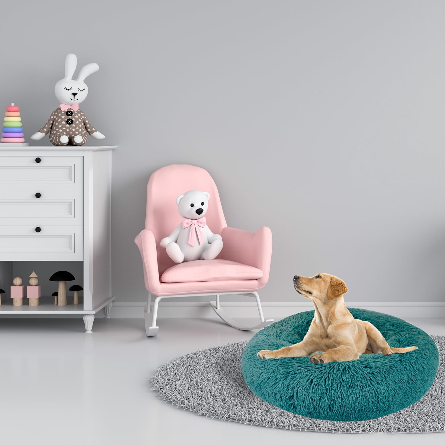 Precious Tails Super Luxe Shaggy Faux Fur Donut Bolster Dog Cat Bed - Medium