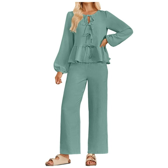 Pimfylm 2 Piece Sets for Women Summer Cap Sleeve Crop Top Wide Leg Pants Matching Lounge Set Vacation Beach Travel Outfits Green, XXL