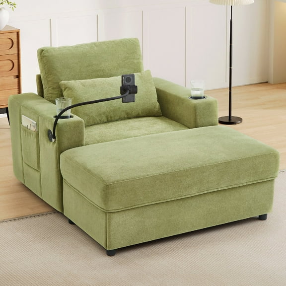 Modern Style Armchair with Charging Station and a Movable Storage Ottoman, 42.5" Chaise Lounge Sofa Couch with 2 Cup Holders and 1 Phone Holder & Side Pockets for Living Room, Apartment, Office,Green