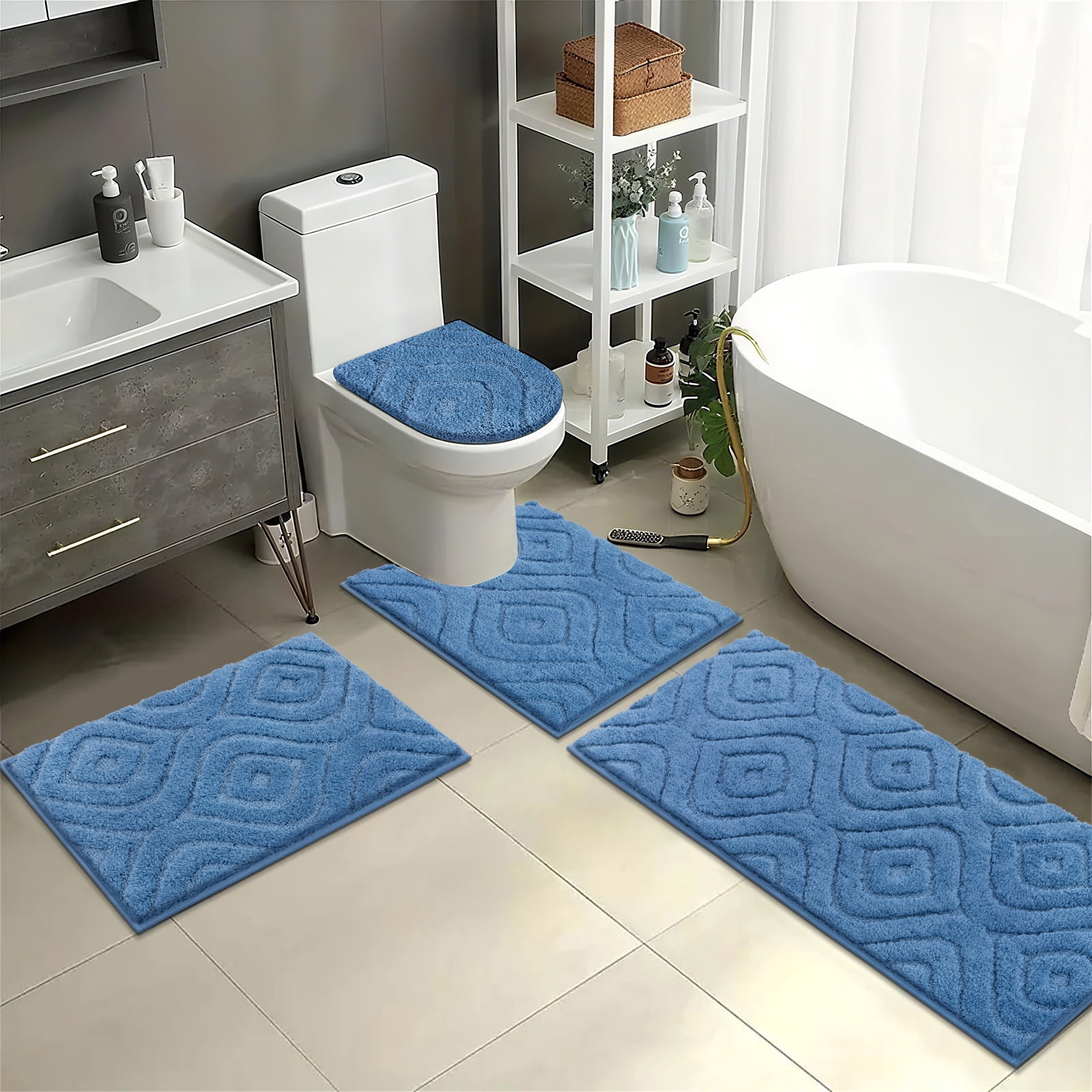 Ileading Bathroom Rugs Sets 4 Piece, Super Soft and Absorbent Non Slip Microfiber Toilet Bathroom Mats