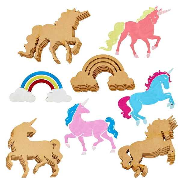 24 pack 6 of each unfinished wood cutouts wooden unicorns and rainbow shape wood craft natural rustic laser cut out wood pieces for crafts paintable kids diy project home decoration ornaments party
