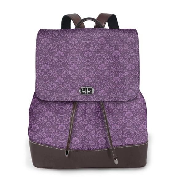 Kuqiui Retro Florals Purple Print Leather Backpack Purse For Women Fashion Ladies Vintage Bags Casual College Travel Backpacks bag
