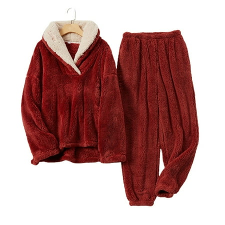 

Pajama Sets Woman Fluffy Pijama Suit with Pants Thick Warm Fleece Home Clothes