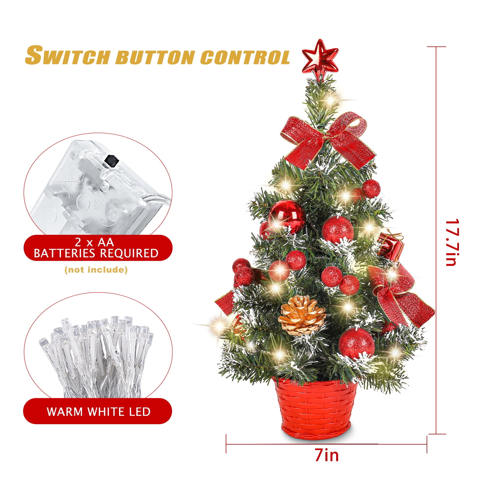 Tabletop Christmas Tree 18 Inch Mini Artificial Christmas Tree with LED String Lights, Small Xmas Tree with Base for Xmas Holiday Decorations Indoor Home Kitchen Dining Table