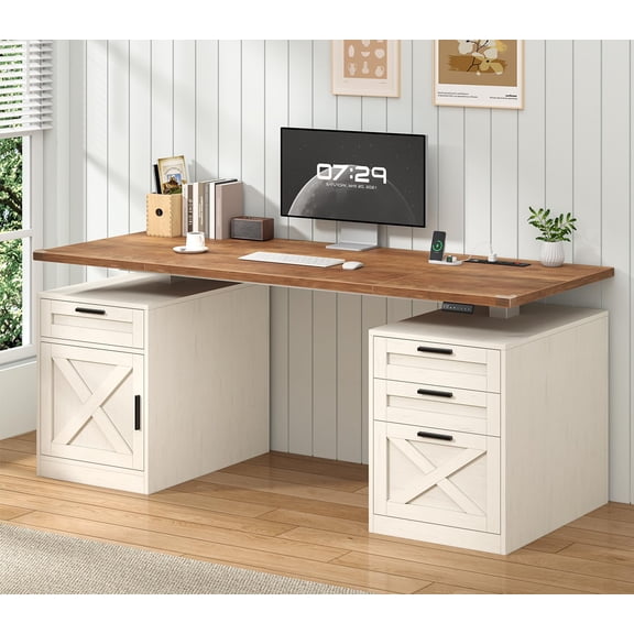 60" Farmhouse Electric Standing Desk with Drawers for Home Office