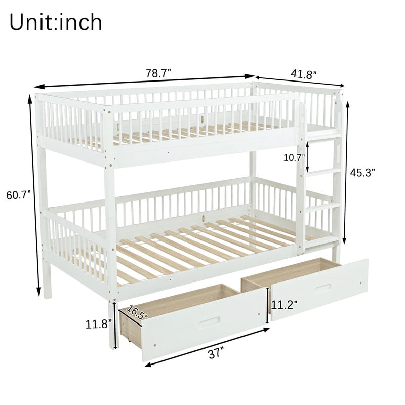 Twin-Over-Twin Wood Bunk Bed Convertible into 2 Platform Beds, Kids Storage Bed Frame with 2 Drawers, Ladder & Safety Guardrails