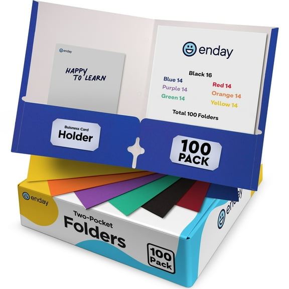 Enday Paper Folders with Pockets (100 Pack) - Assorted Colors - Letter Size Two Pocket Folders - Purple, Blue, Green, Red, Yellow, Orange & Black