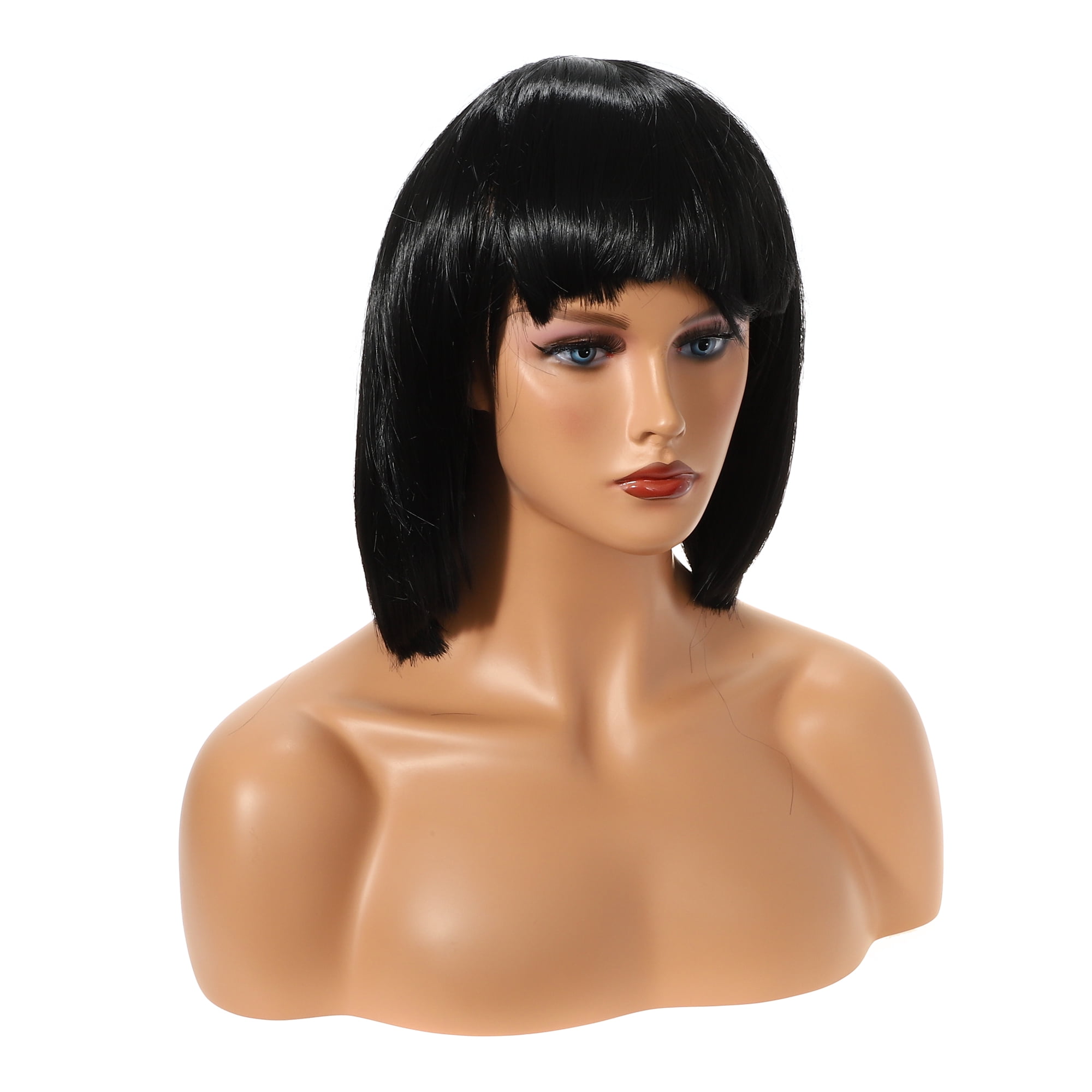 Unique Bargains Human Hair Wigs for Women 12" Black Bob Wig with Wig Cap