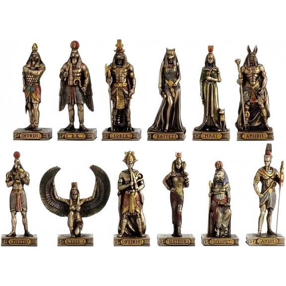 Gods of Egypt Statues Sets, 12 Pcs Egyptian Gods Resin Figurines Hand Painted Statue, Sekhmet Anubis Isis Figurines, Black Gold Finish Sculptures