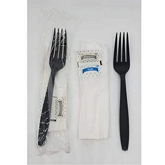500 Kits Disposable Black Plastic Fork with Napkin and Salt/pepper packet, individually Wrapped, To-go (Fork)