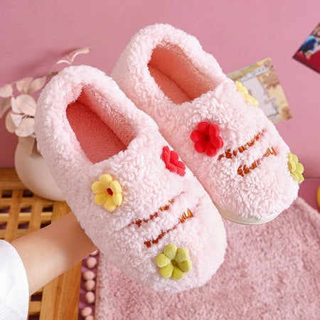 

TANGON Women S Winter Cotton Slippers Indoor Flower Warm Plush Shoes Outdoor Couple Cotton Slippers Pink 6.5/7(38-39)