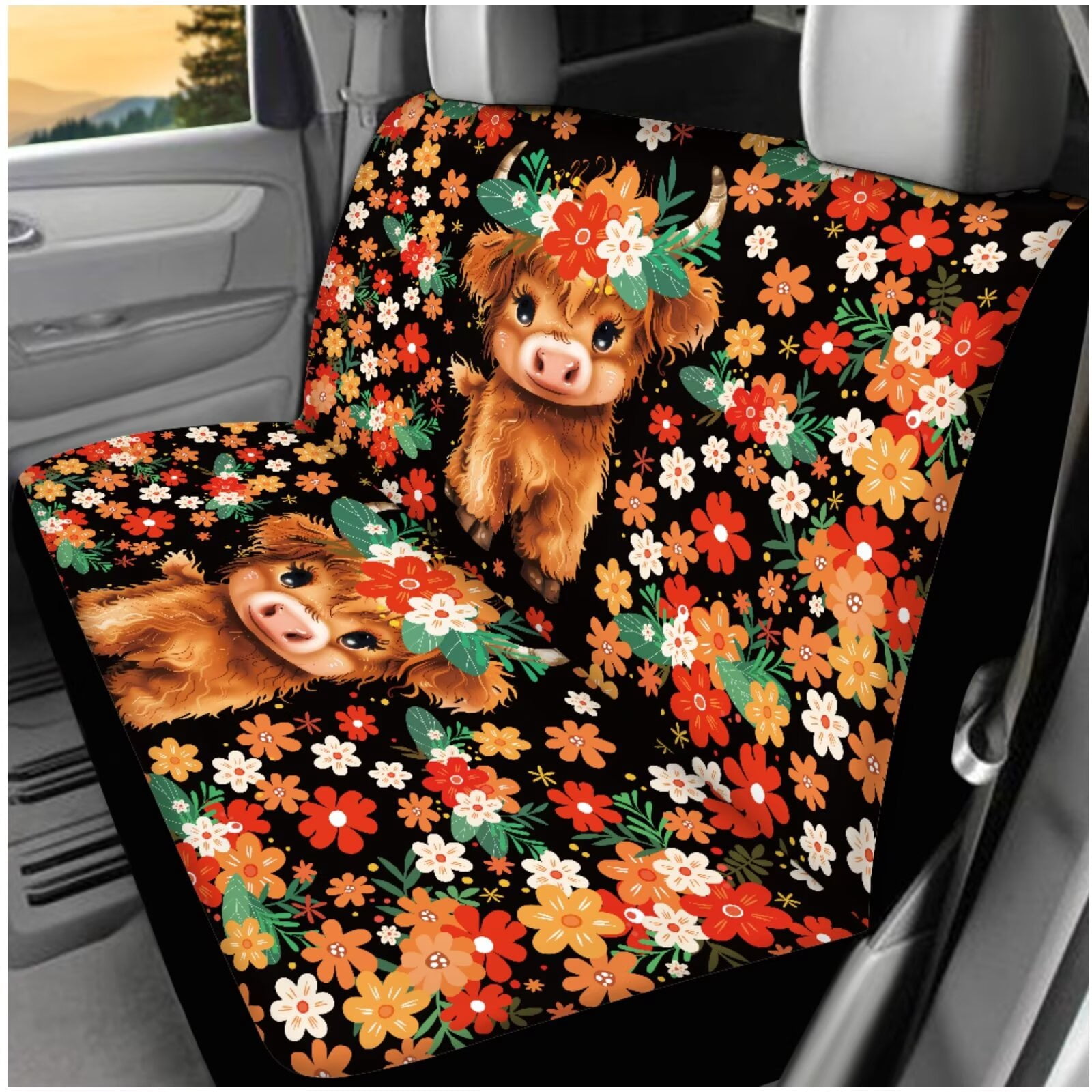 Yuyamidu Highland Cow Auto Seat Cover Full Set 14 Pack Car Accessories Colorful Flower Steering Wheel Cover Armrest Cover Seatbelt Shoulder Pad Headrest Covers Cup Mat Key Ring