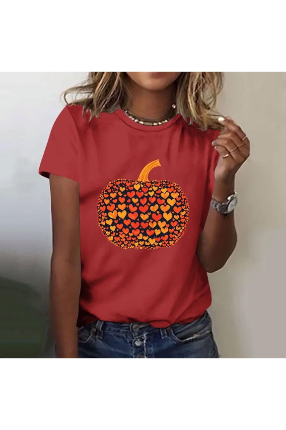 Ladies' Thanksgiving Pumpkin T-shirt Round Neck Short Sleeve Top
