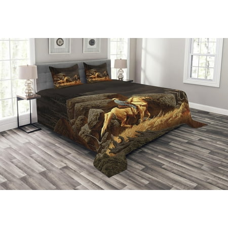 Western Cal King Bedding Western Bedspread Set, A Rock Mountain Landscape with a Cowboy Riding Horse North America Style, Decorative Quilted Coverlet Set with Pillow Shams Included, Earth Yellow Grey, by Ambesonne ()
