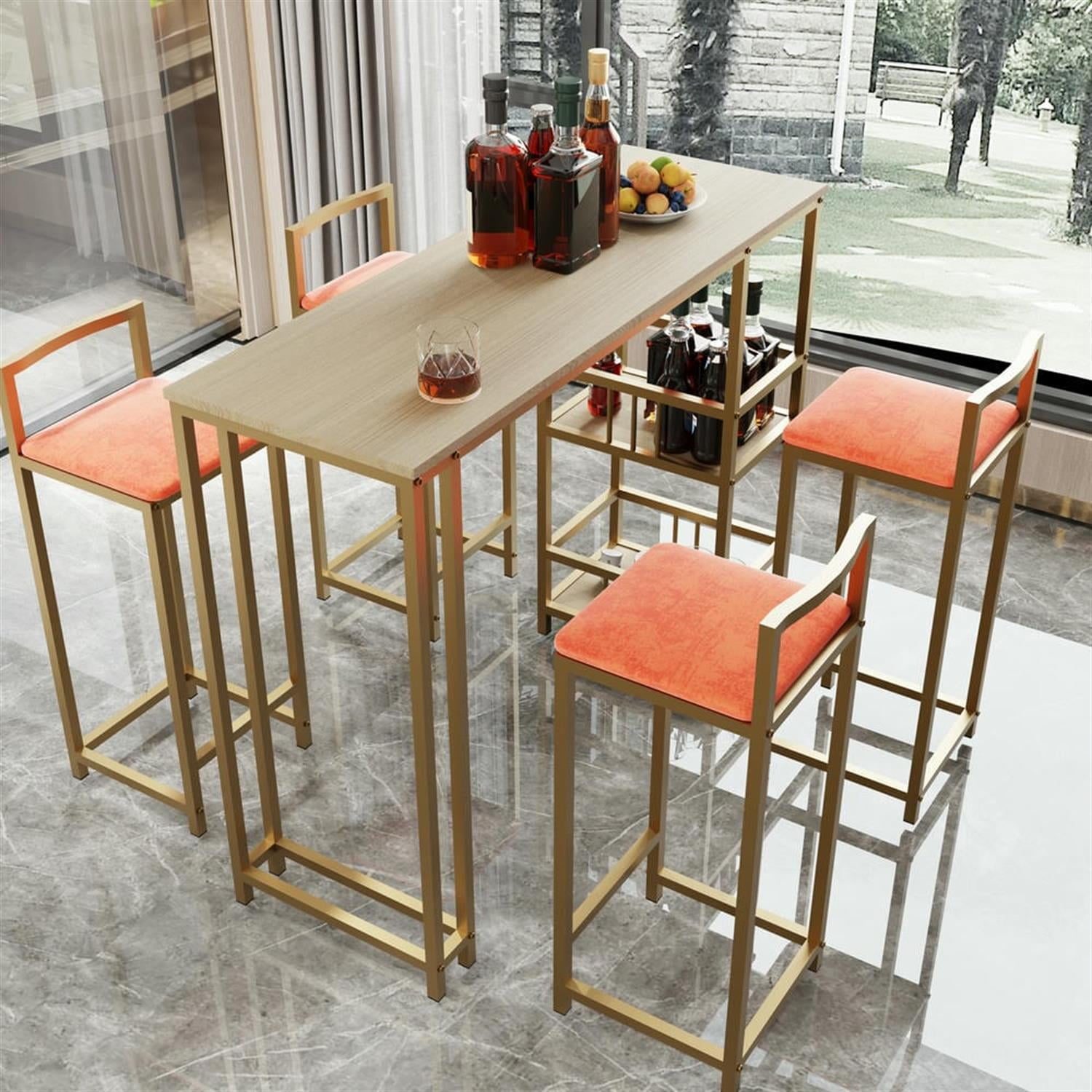 Demi Bonn 5-Piece Dining Table Set with 4 Upholstered Bar Stools and Storage, Kitchen Bar Table Furniture Sets for Dining Room, Apartment, Orange