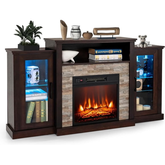 Meuble de télévision avec foyer électrique pour téléviseurs jusqu'à 65 pouces, foyer électrique avec manteau et 16 couleurs de lumières LED, étagères en verre ajustables, télécommande et