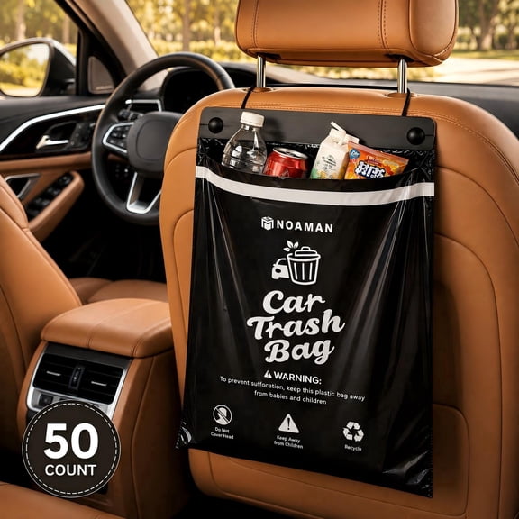 Noaman 50PCS Disposable Car Trash Bags, 2.5 Gal Leak-Resistant Garbage Bags for SUV, Truck, RV, Stick-on or Headrest Mount, Black
