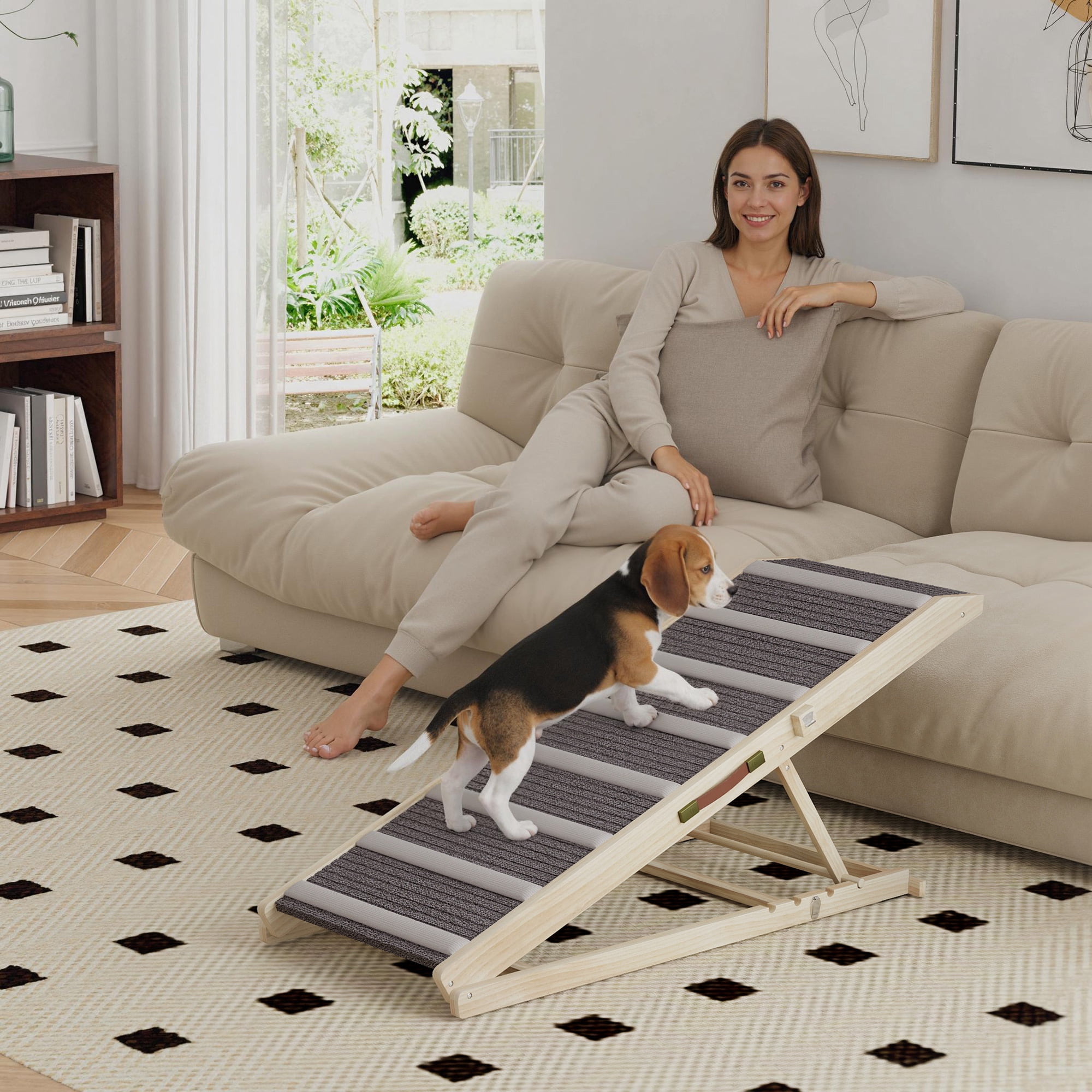 PawHut Dog Ramp for Couch, Foldable Pet Ramp for Small to Large Dog, 4 Adjustable Height from16" to 23.5", Pet Steps with Non-Slip Carpet for Bed
