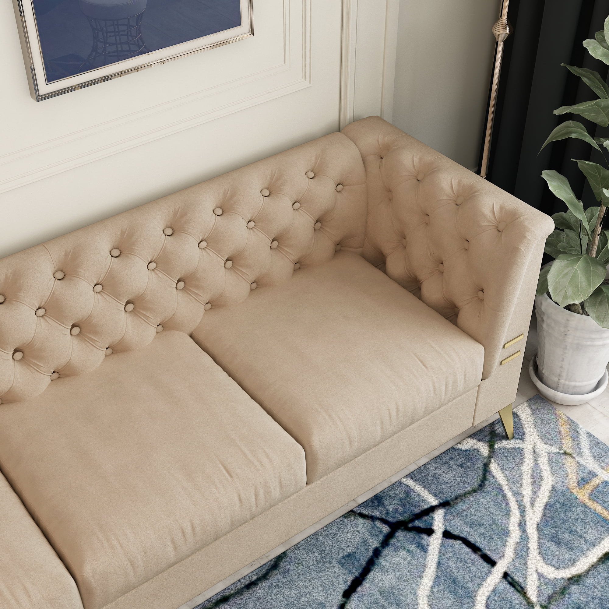 Private Jungle 3-Seater Velvet Sofa Couch with Square Armrest,Tufted Back Seat Cushion,Golden Metal Legs, Modern Upholstered Futon Sleeper Sofa,khaki Private Jungle 3-Seater Velvet Sofa Couch with Square Armrest,Tufted Back Seat Cushion,Golden Metal Legs, Modern Upholstered Futon Sleeper Sofa,khaki