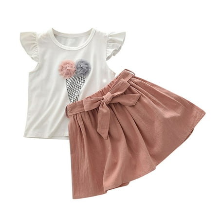 

Rovga Girls Outfit Sets Toddler Kids Baby Girls Ruffle Trim Mesh Patched Short Sleeve Tee T-Shirt Tops Skirts 2Pcs Outfits Clothes Set Toddler Girls Clothing