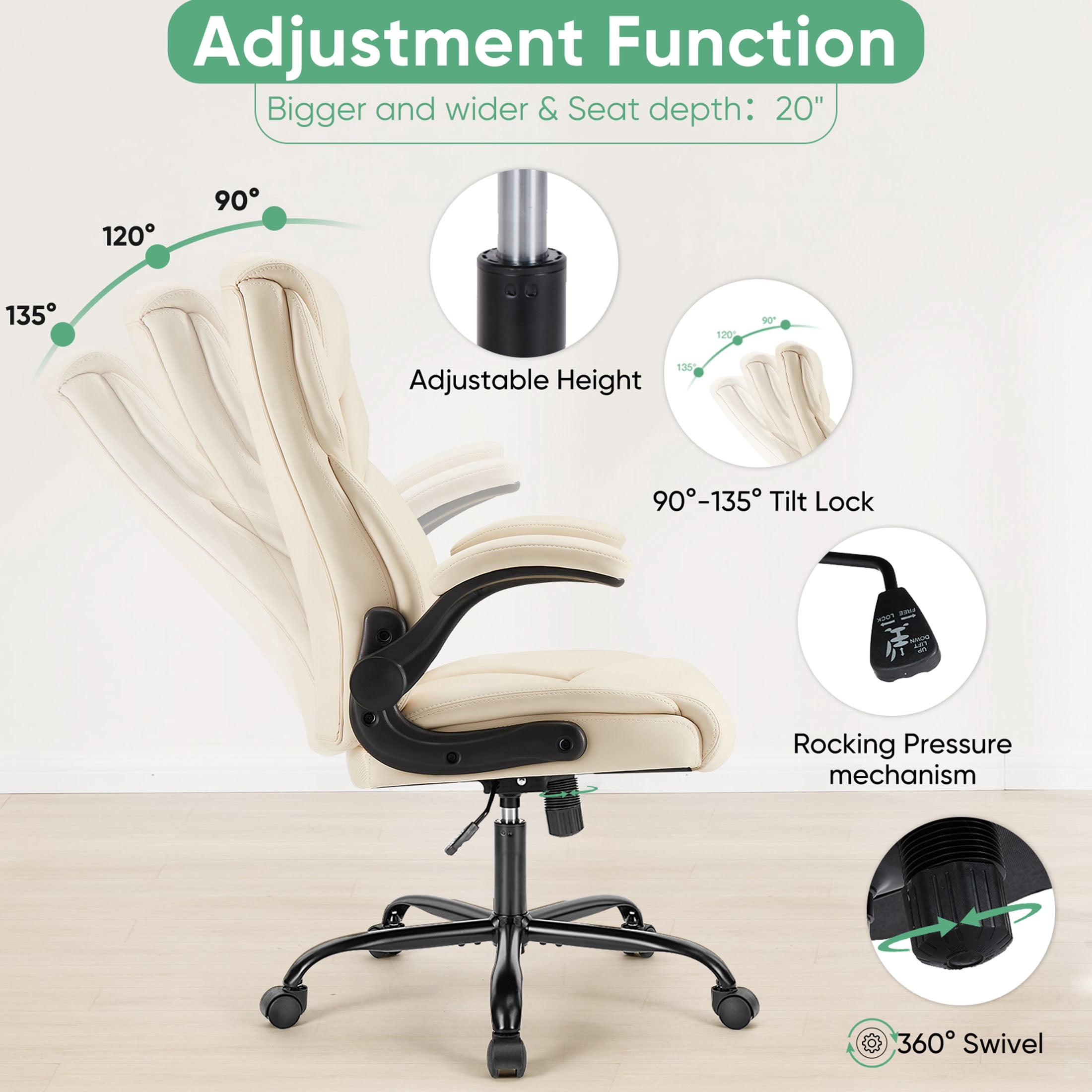JOINSUN Home Office Chair, High Back Ergonomic Chair for Office with PU Leather, Adjustable Armrests and Wheels, White