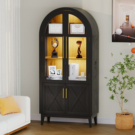 VKCC 74.8" Arched LED Display Cabinet with Glass Door , Tall Adjustable Shelf Storage for Living Room Kitchen Office, Black & Wood