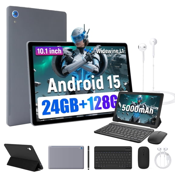 Android 15 Tablet 10 Inch, 24GB RAM 128GB ROM/ 1TB Expandable, 2.0GHz Quad-core Processor, 1280*800 HD Screen, 5G WiFi6 BT 5.0, 2 in 1 Tablets with Keyboard Case Mouse Stylus, Widevine L1,Gray