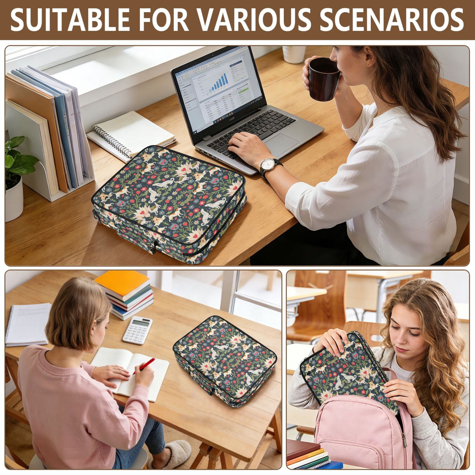 FORMRS Accordion File Folder A4 Size 7-Pocket Expanding Document Organizer Bag with 3 Ring Binder, Floral Dogs Pattern
