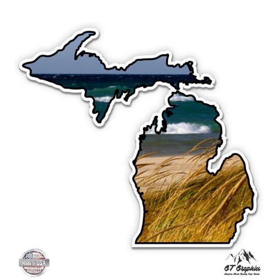 Michigan Shape Beach Lake Michigan - 3" Vinyl Sticker - For Car Laptop I-Pad Phone Helmet Hard Hat - Waterproof Decal
