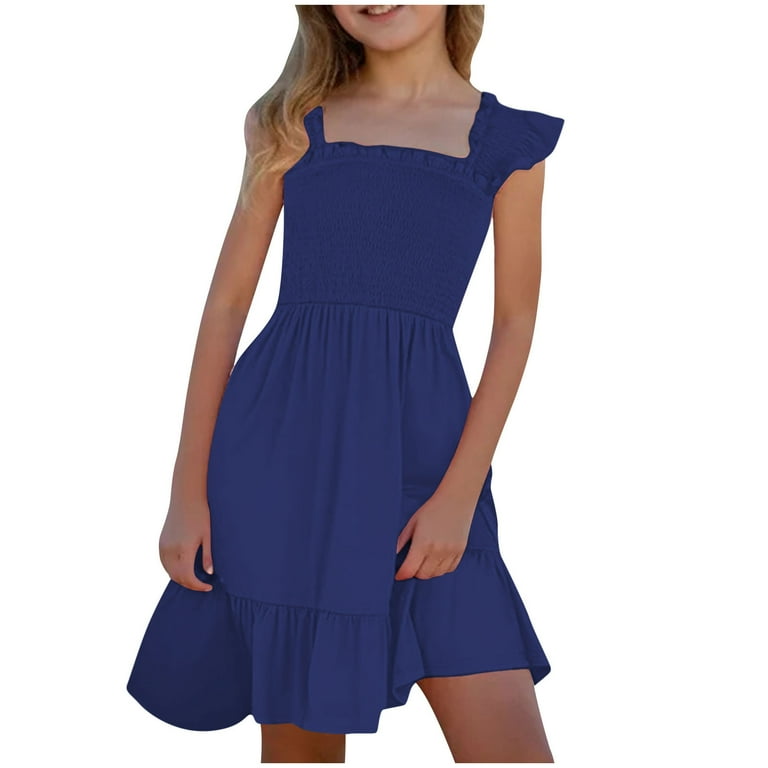 Spazoro Toddler Girls A-Line Dress, Square Neck Solid Color Sleeveless Casual  Princess Dresses for Child Girls Navy Size 11 T - Walmart.com